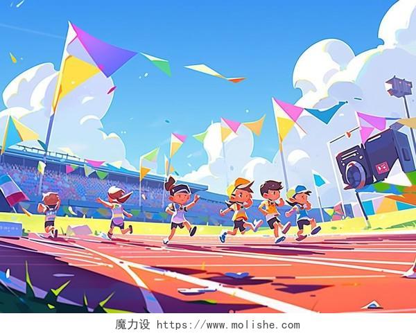 奥运会几何立体卡通风格的运动会操场跑步插画